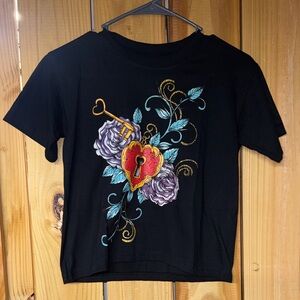 Black T-Shirt with Heart and Key Design